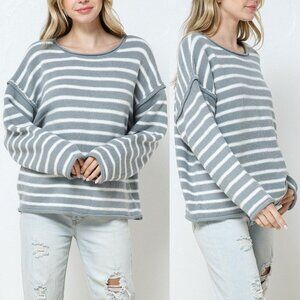 SHOP NEIGHBOR Heather Grey Stripe Ribbed Long Sleeve Knit Sweater NEW